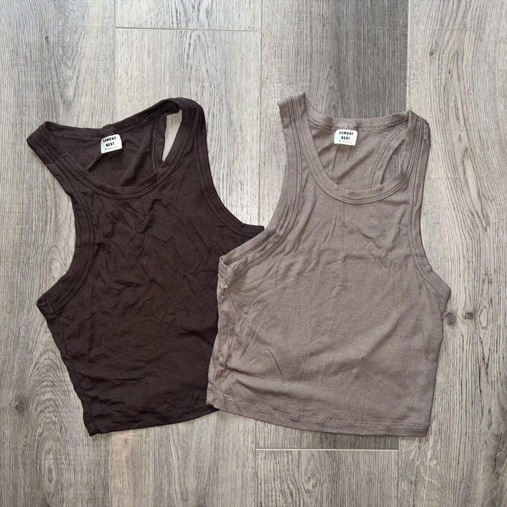 BNWOT 2 Sunday Best Brown and Beige Racerback Tank Tops